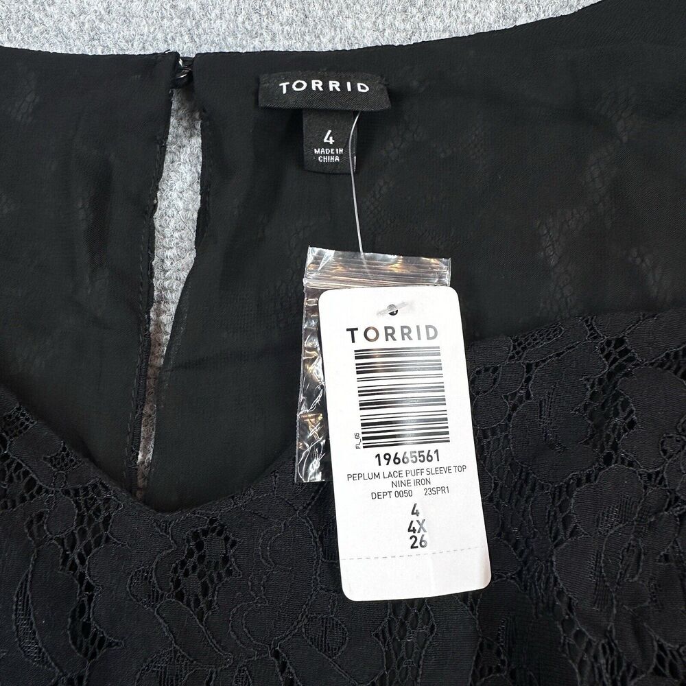 NWT Torrid Peplum Lace Puff Sleeve Blouse Womens Plus 4 Black Long Sleeve Date - Picture 4 of 16